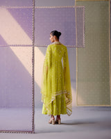 Neon Green Big Kite Angrakha With Embroidered Dupatta