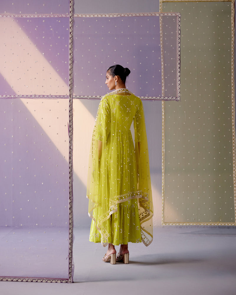 Neon Green Big Kite Angrakha With Embroidered Dupatta