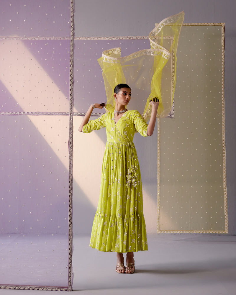 Neon Green Big Kite Angrakha With Embroidered Dupatta