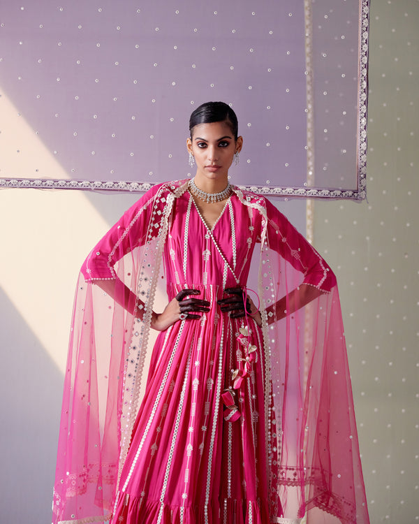 Fuchsia Criss Cross Angrakha with Embroidered Dupatta