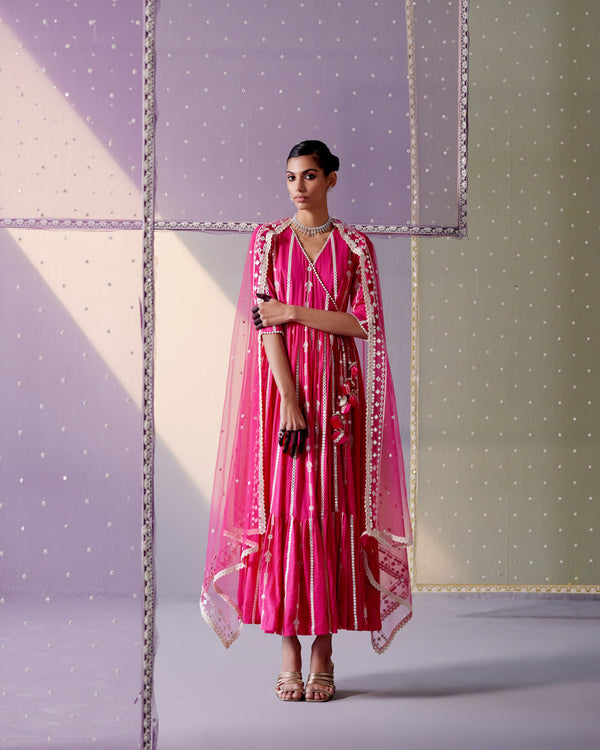 Fuchsia Criss Cross Angrakha with Embroidered Dupatta