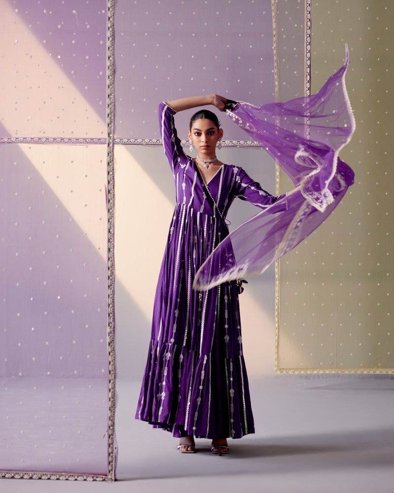 Purple Criss Cross Angrakha with Embroidered Dupatta