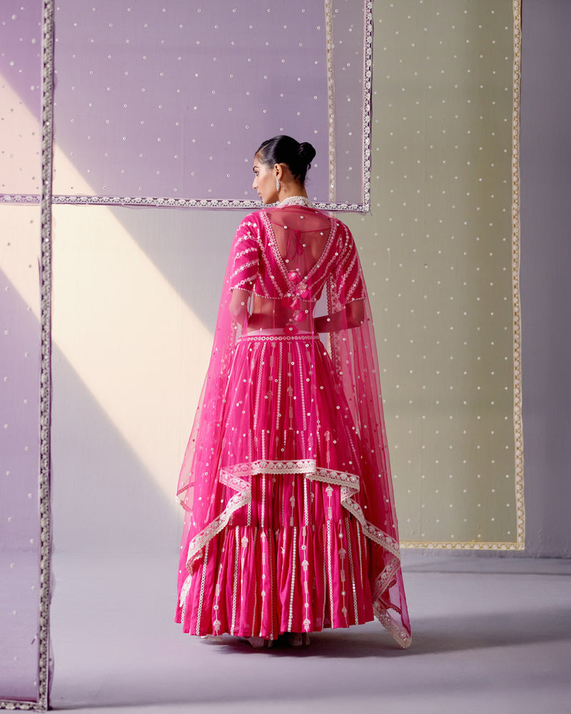 Fuchsia Criss Cross Lehenga with Embroidered Dupatta