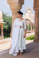 Ice Blue Big Flower Anarkali With Dupatta