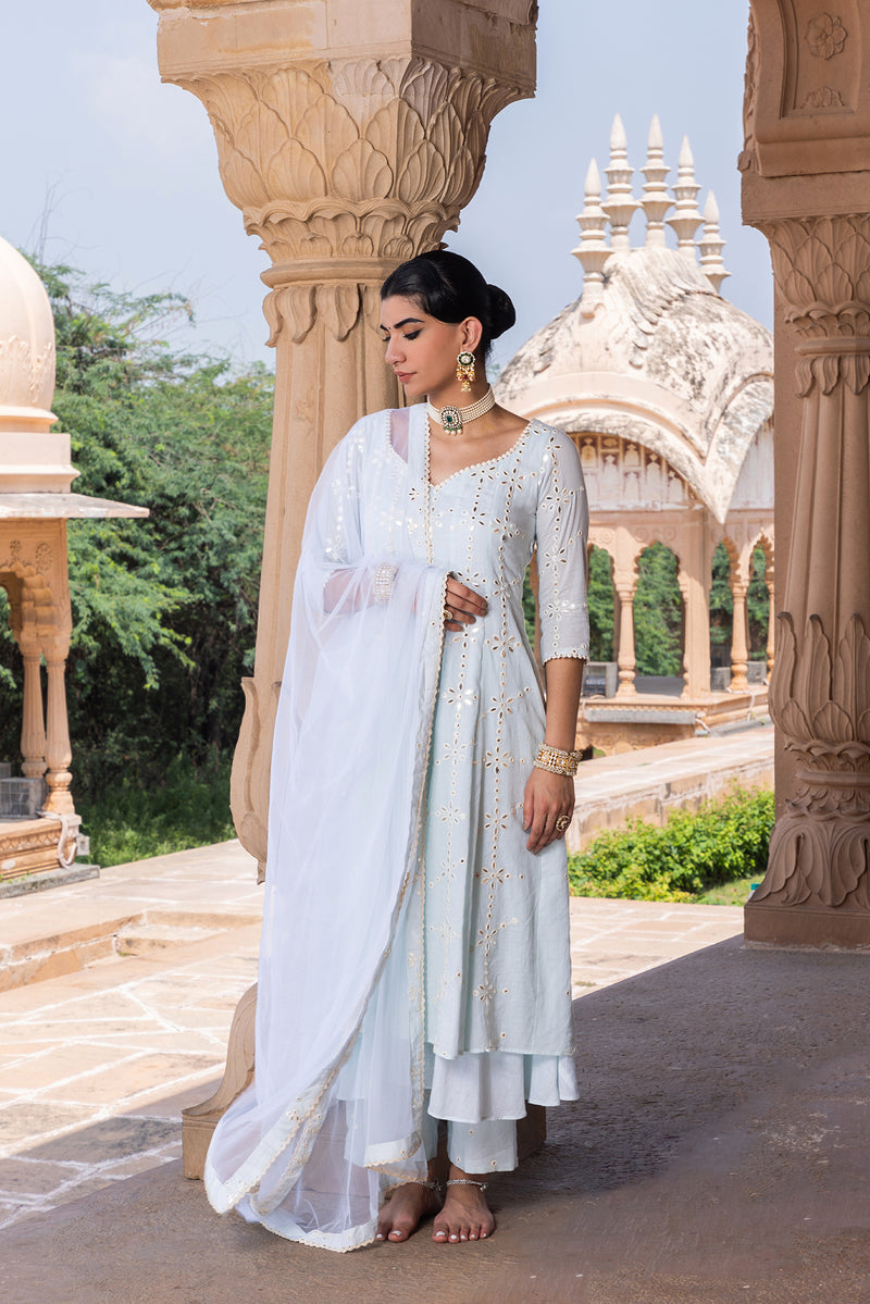 Ice Blue Big Flower Anarkali With Dupatta