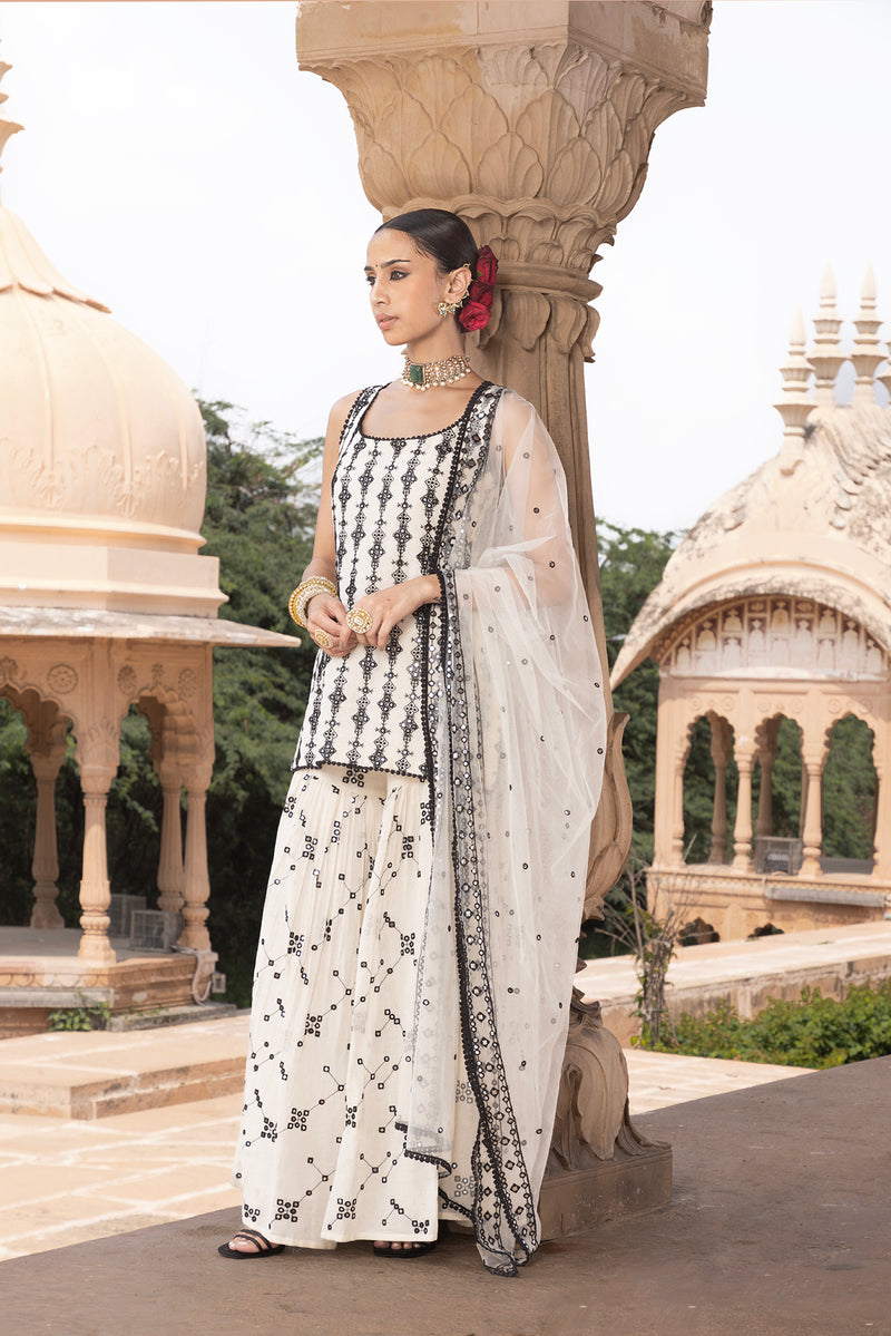 Black & White SK-BK all-over Embroidered Straight Sharara with Dupatta