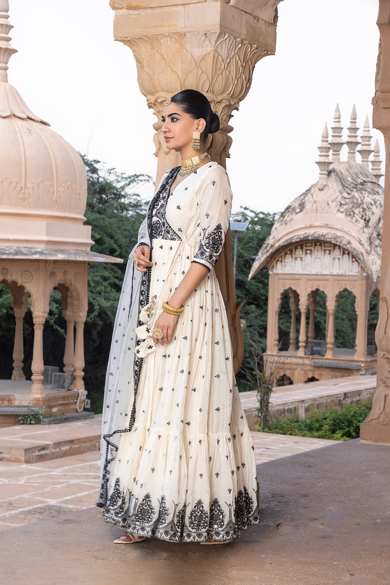 Black & White Tower Angrakha With Embroidered Dupatta