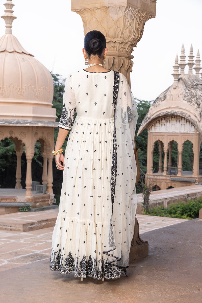 Black & White Tower Angrakha With Embroidered Dupatta