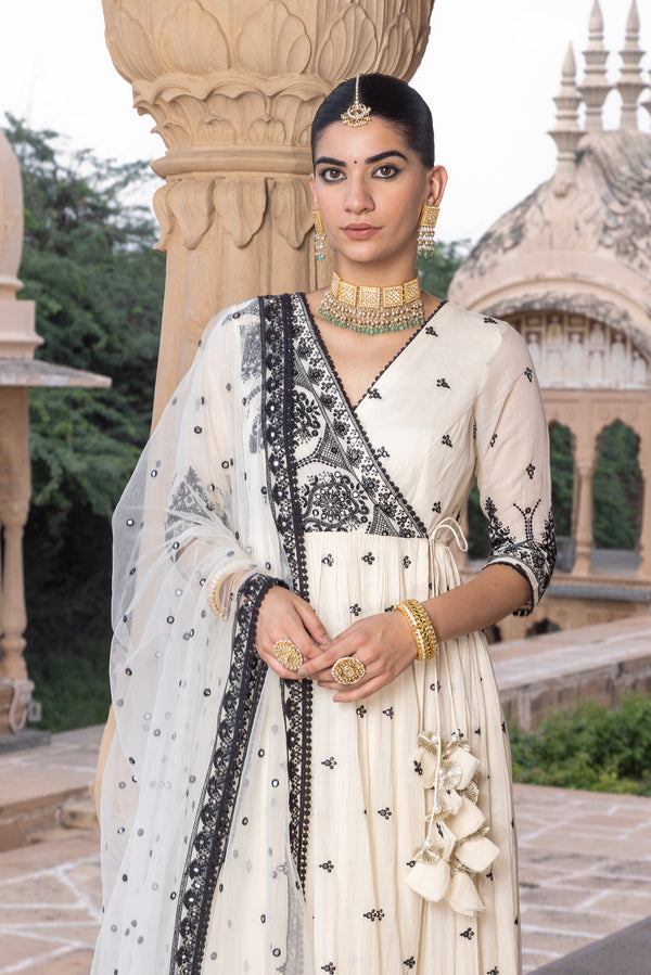 Black & White Tower Angrakha With Embroidered Dupatta