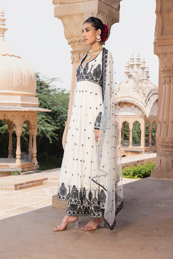 Black & White Tower Anarkali With Embroidered Dupatta