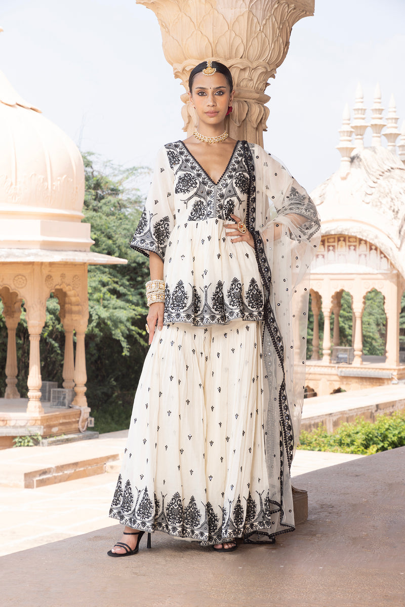 Black & White all-over Embroidered Tower Peplum Sharara with Dupatta