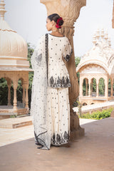 Black & White all-over Embroidered Tower Peplum Sharara with Dupatta