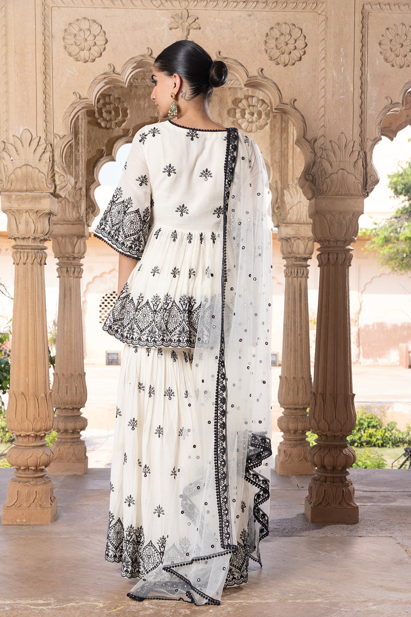 Black & White all-over Ambi Embroidered Peplum Sharara with Dupatta