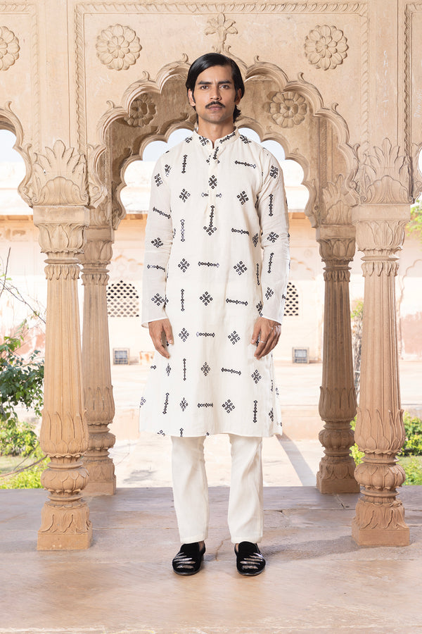 Black & White Center Square Full Embroidered Kurta with Pants