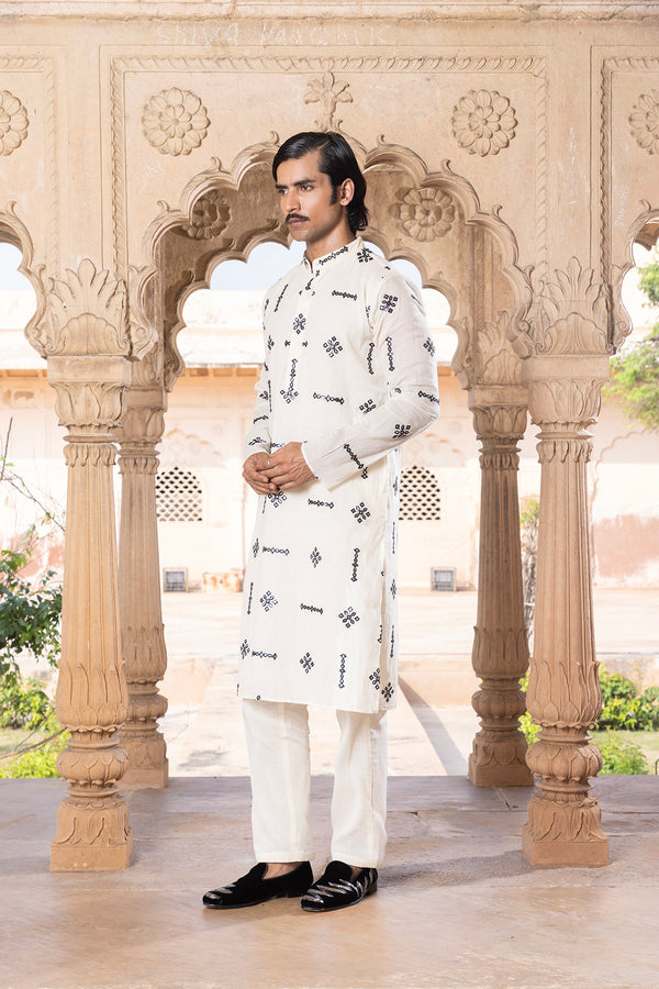 Black & White Center Square Full Embroidered Kurta with Pants