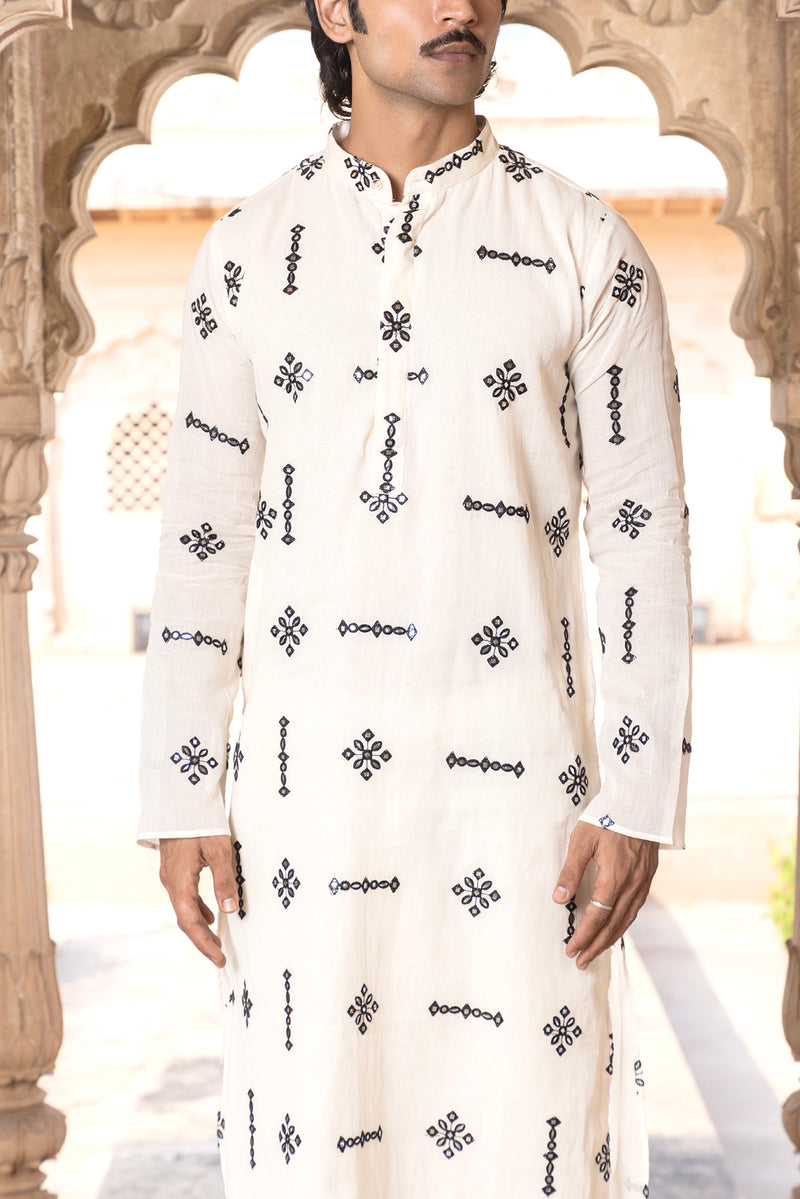 Black & White Center Square Full Embroidered Kurta with Pants