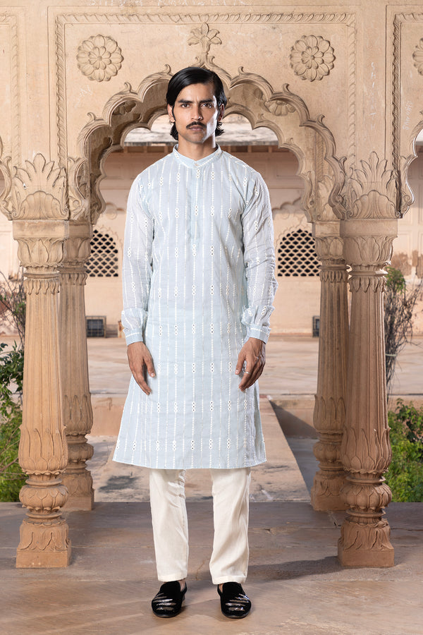 Ice Blue Three Diamond Embroidered Kurta with Pants