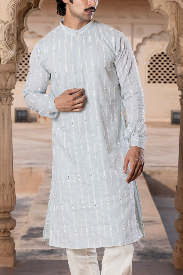Ice Blue Three Diamond Embroidered Kurta with Pants