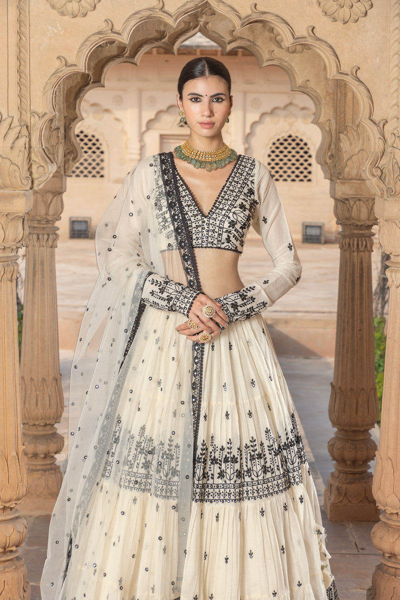 Black & White Lotus Lehenga with Embroidered Dupatta