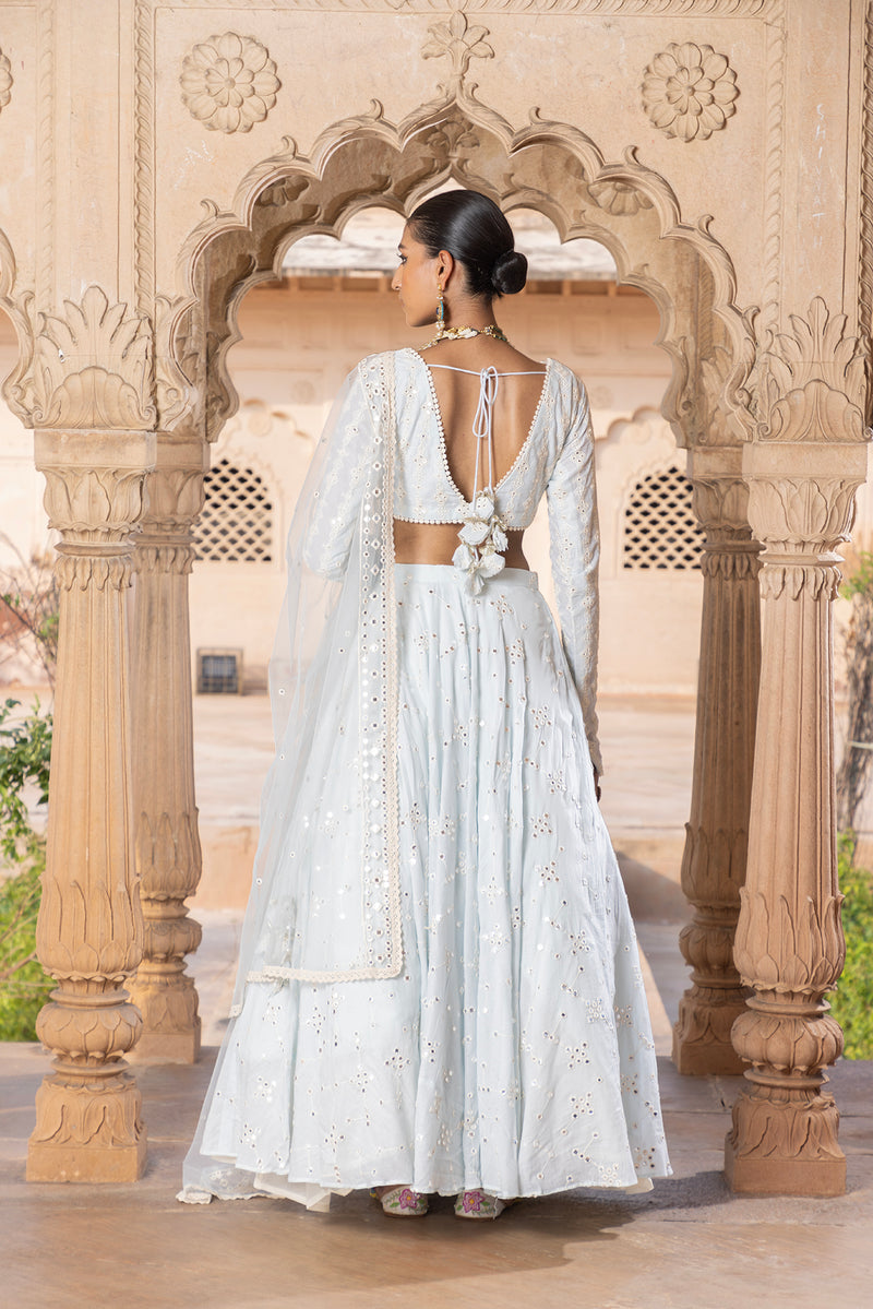 Ice Blue SK-BK Lehenga with Embroidered Dupatta