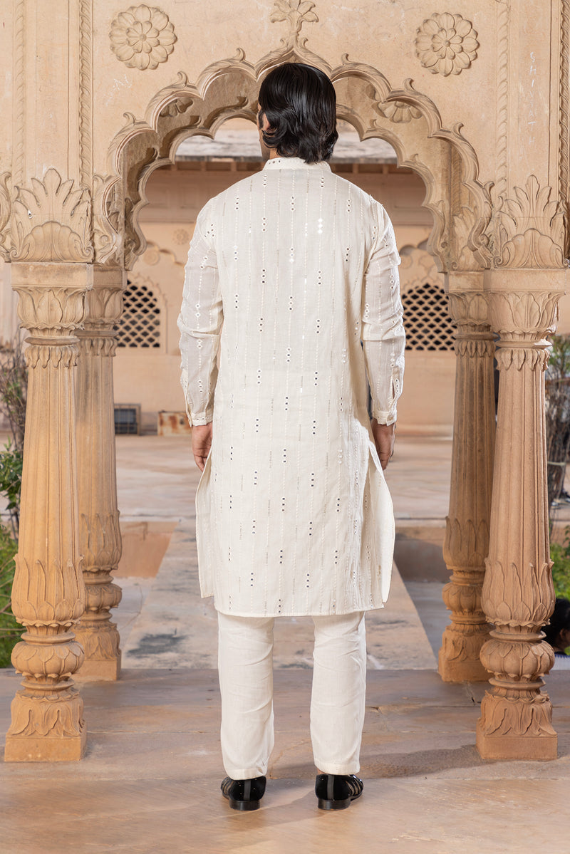 Off White Three Diamond Embroidered Kurta with Pants