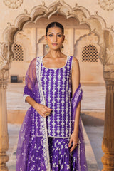 Purple SK-BK all-over Embroidered Straight Sharara with Dupatta