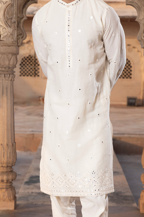 Off White Diamond Embroidered Kurta with Pants