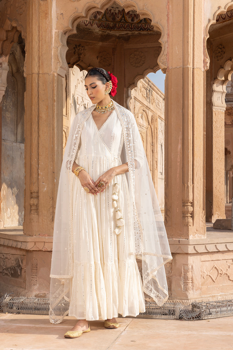 Off White Criss Cross Angrakha with Embroidered Dupatta