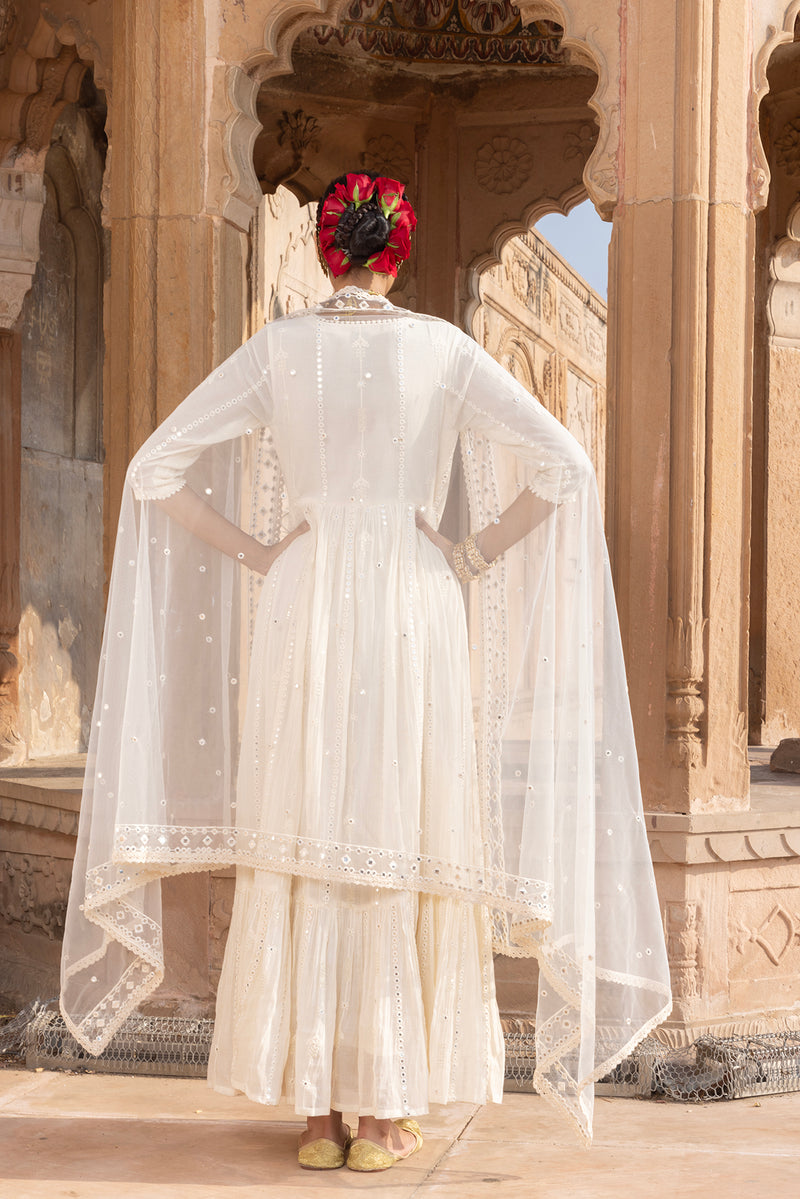 Off White Criss Cross Angrakha with Embroidered Dupatta