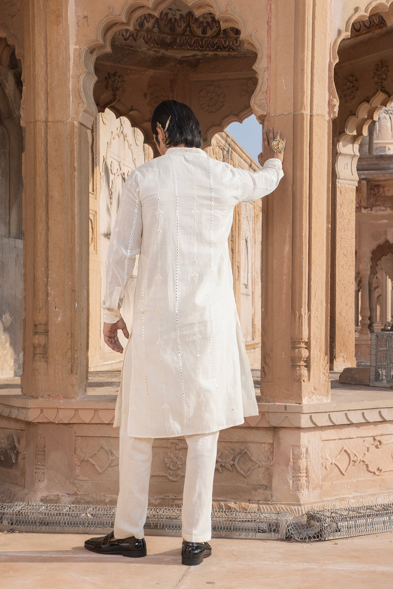 Off White Criss Cross Embroidered Kurta with Pants