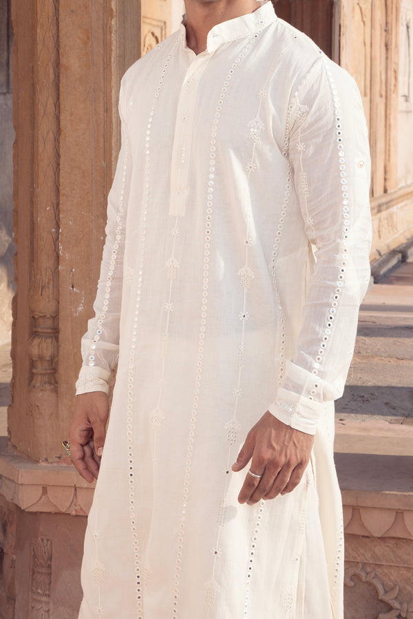 Off White Criss Cross Embroidered Kurta with Pants