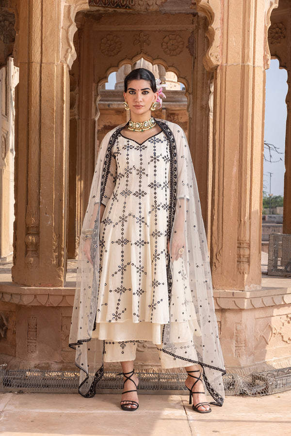 Black & White Big Flower Anarkali With Embroidered Dupatta