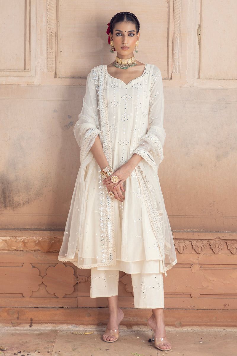 Off White Big Flower Anarkali With Dupatta