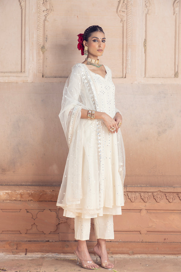 Off White Big Flower Anarkali With Dupatta