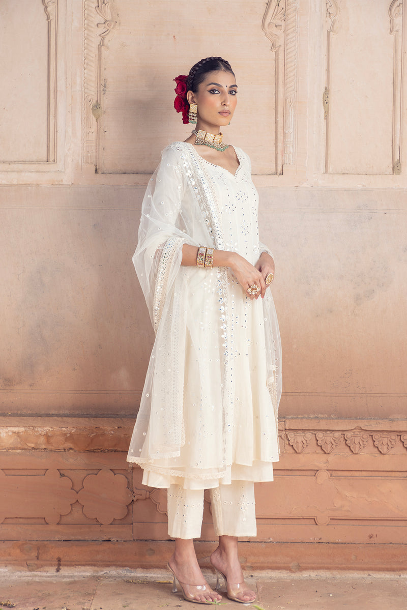Off White Big Flower Anarkali With Dupatta