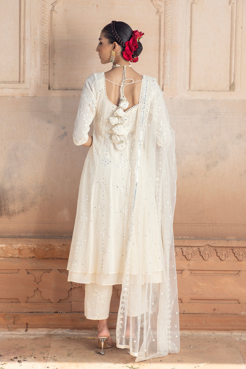 Off White Big Flower Anarkali With Dupatta