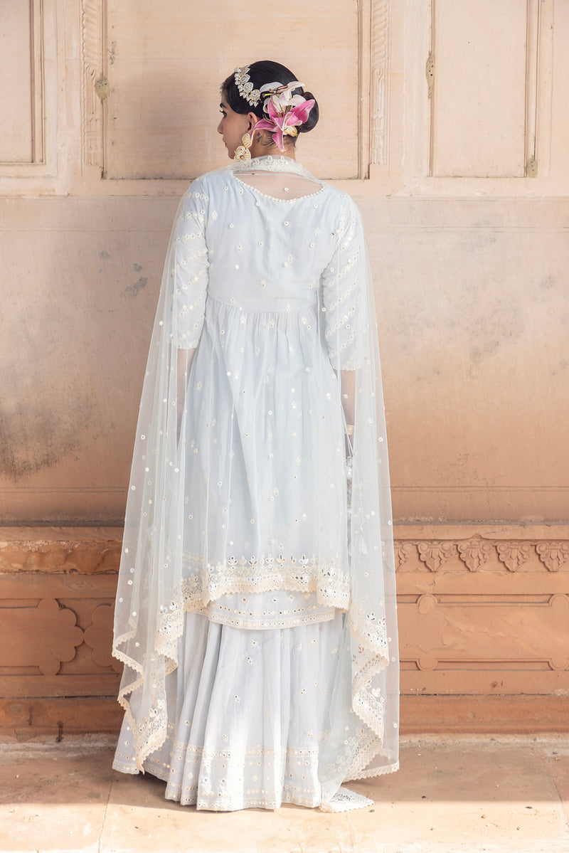 Ice Blue Three Line Embroidered Kurta with Lehenga and Embroidered Dupatta