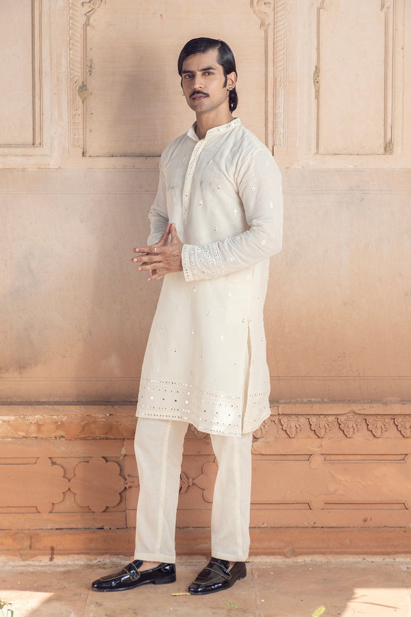 Off White Three Line Embroidered Kurta with Pants