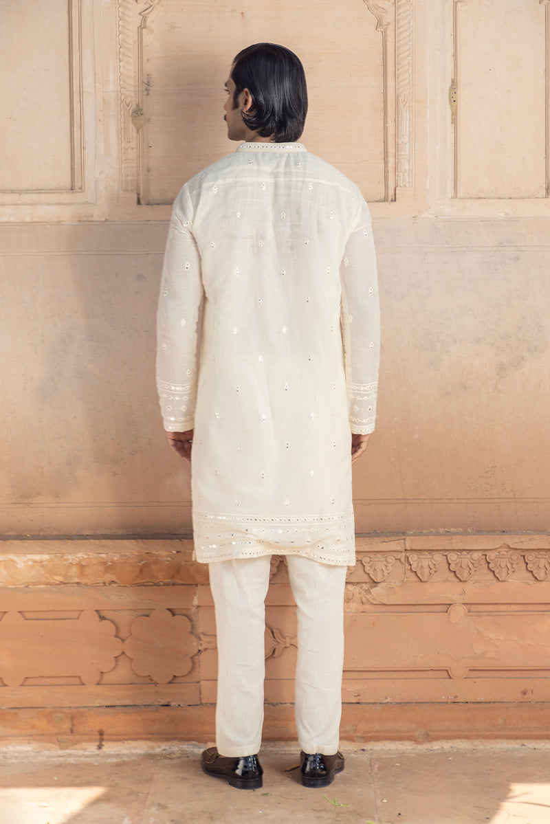 Off White Three Line Embroidered Kurta with Pants