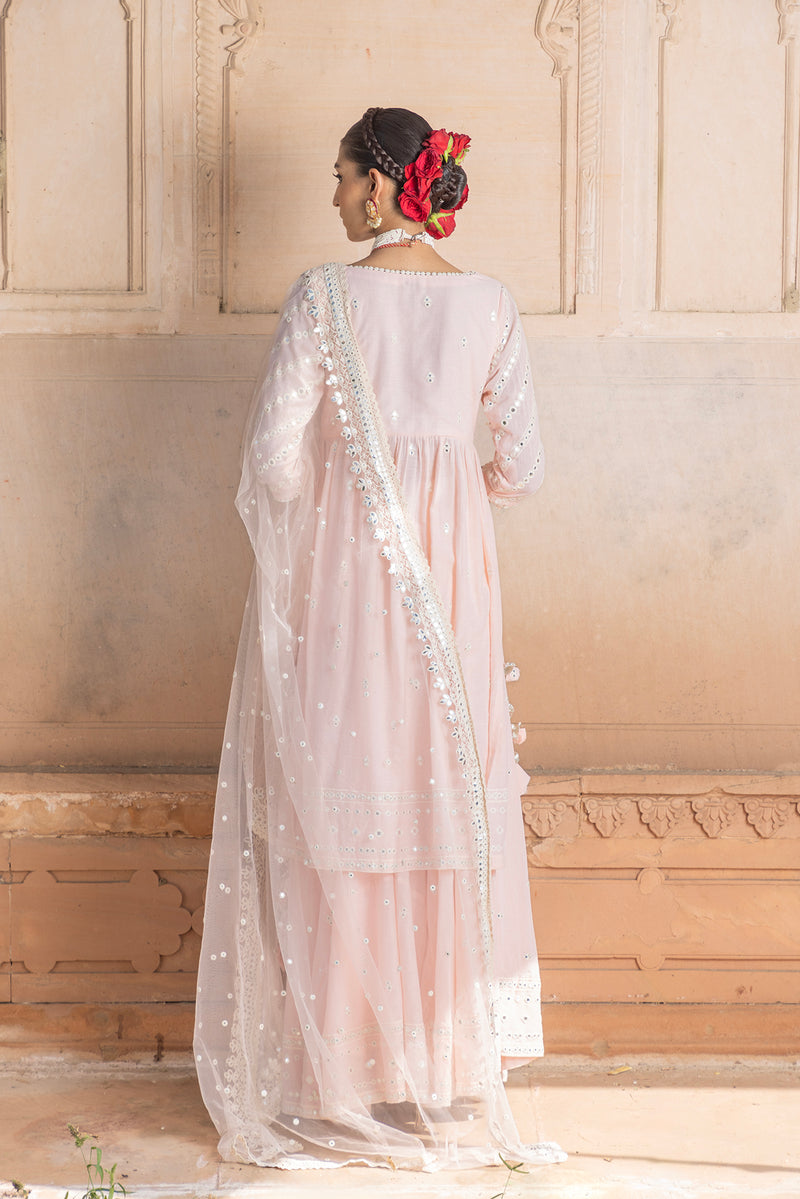 Blush Pink Three Line Embroidered Kurta with Lehenga and Embroidered Dupatta