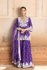 Purple all-over Embroidered Tower Peplum Sharara with Dupatta