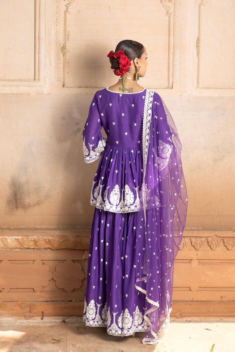 Purple all-over Embroidered Tower Peplum Sharara with Dupatta