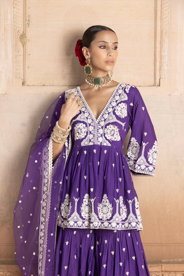 Purple all-over Embroidered Tower Peplum Sharara with Dupatta