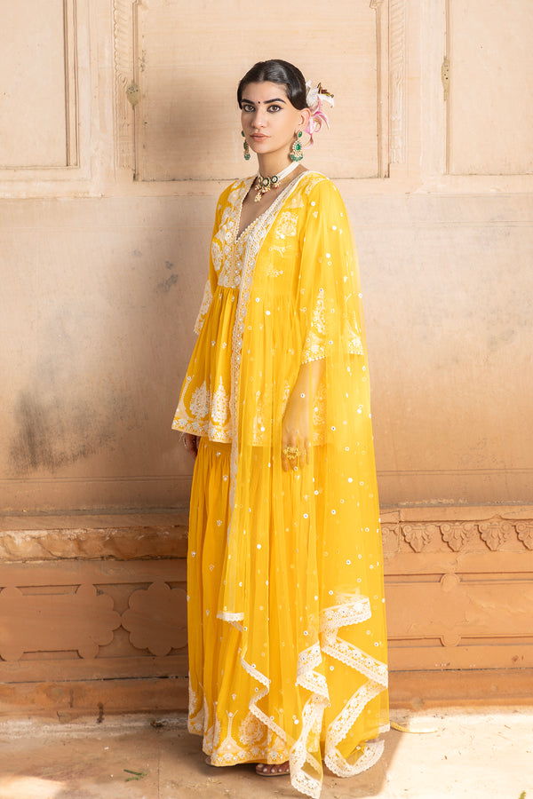 Mango all-over Embroidered Tower Peplum Sharara with Dupatta