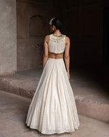 Gold & off white fringe Lehenga with Embroidered Dupatta