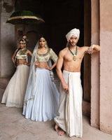 Golden fringe Ice blue Lehenga with Embroidered Dupatta