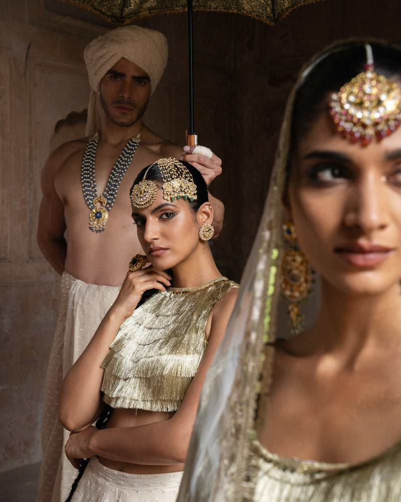 Gold & off white fringe Lehenga with Embroidered Dupatta