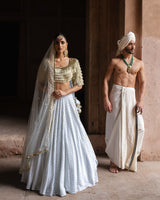 Golden fringe Ice blue Lehenga with Embroidered Dupatta