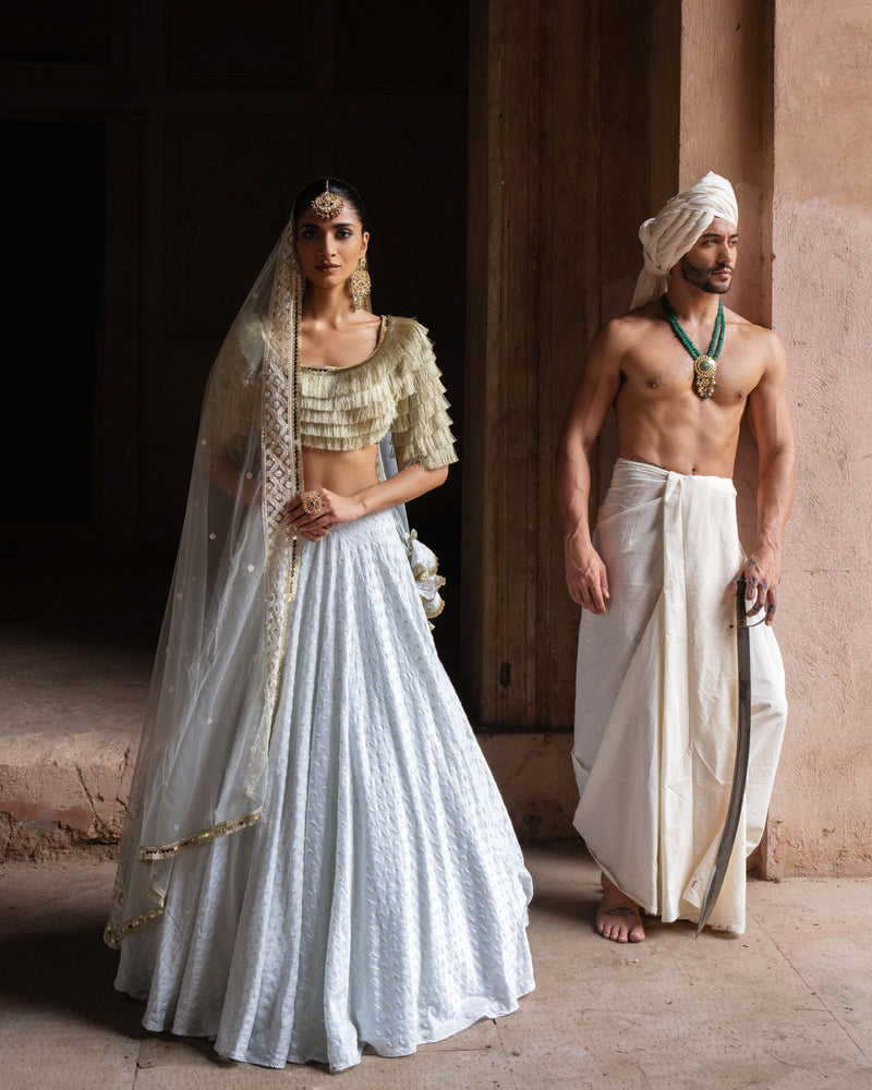 Golden fringe Ice blue Lehenga with Embroidered Dupatta