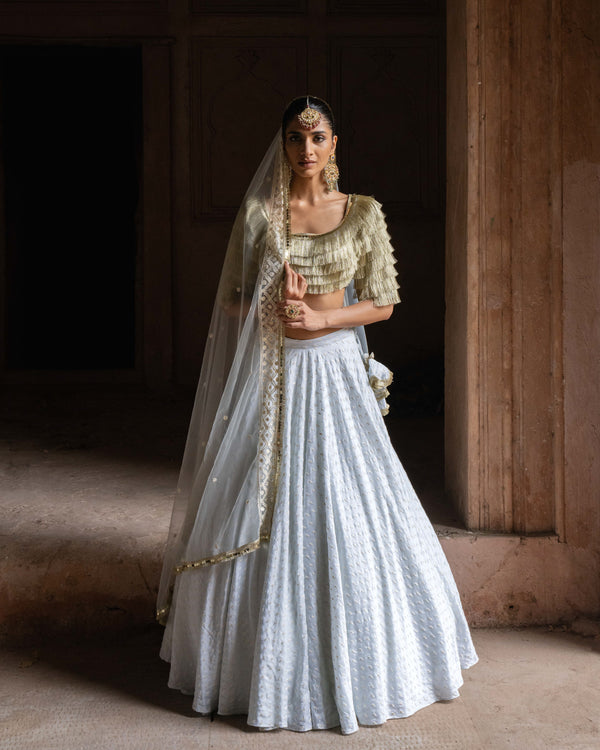 Golden fringe Ice blue Lehenga with Embroidered Dupatta